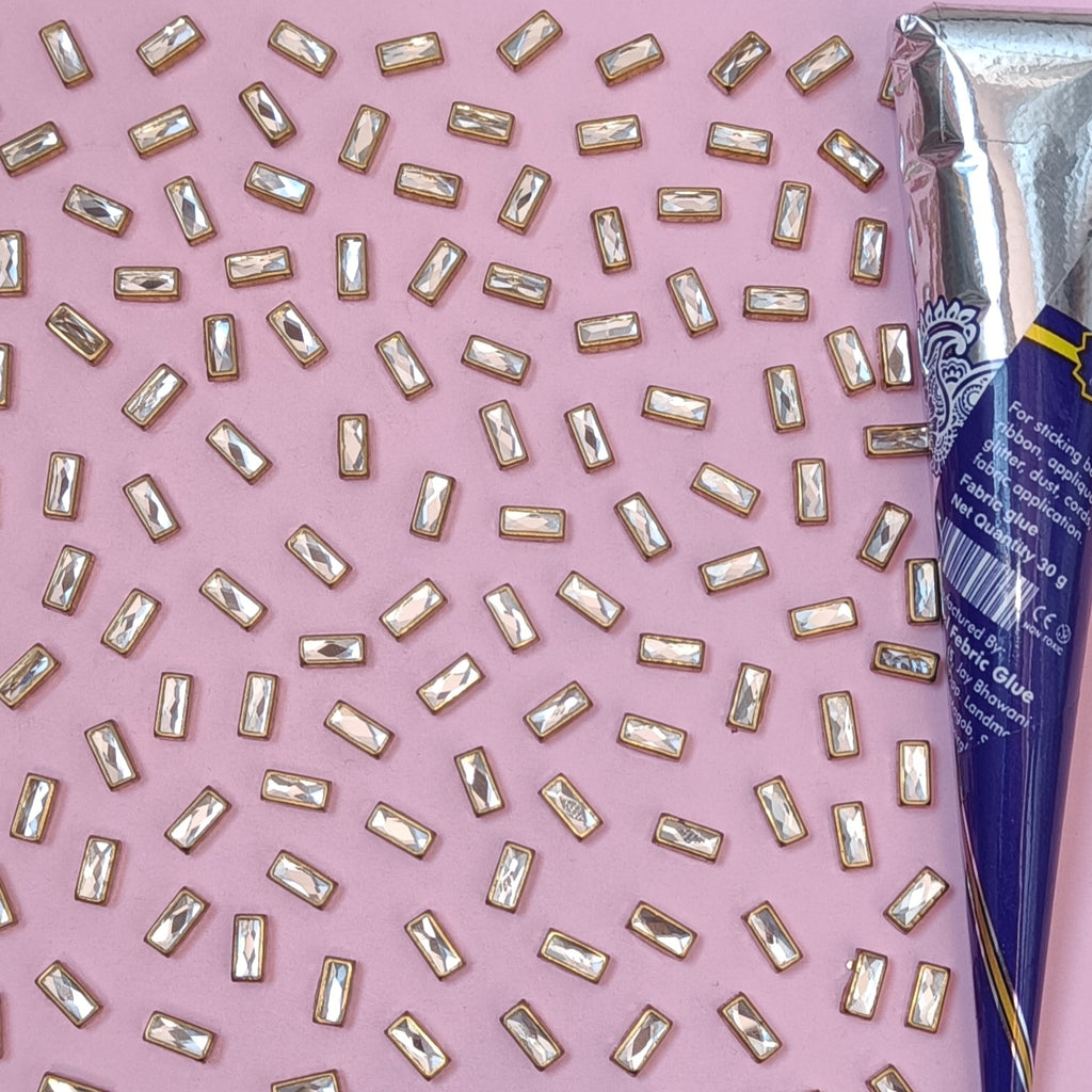 VDEAL BEADS kundan 800 pcs size = 4x8mm rectangle shaped kundan with fabric glue