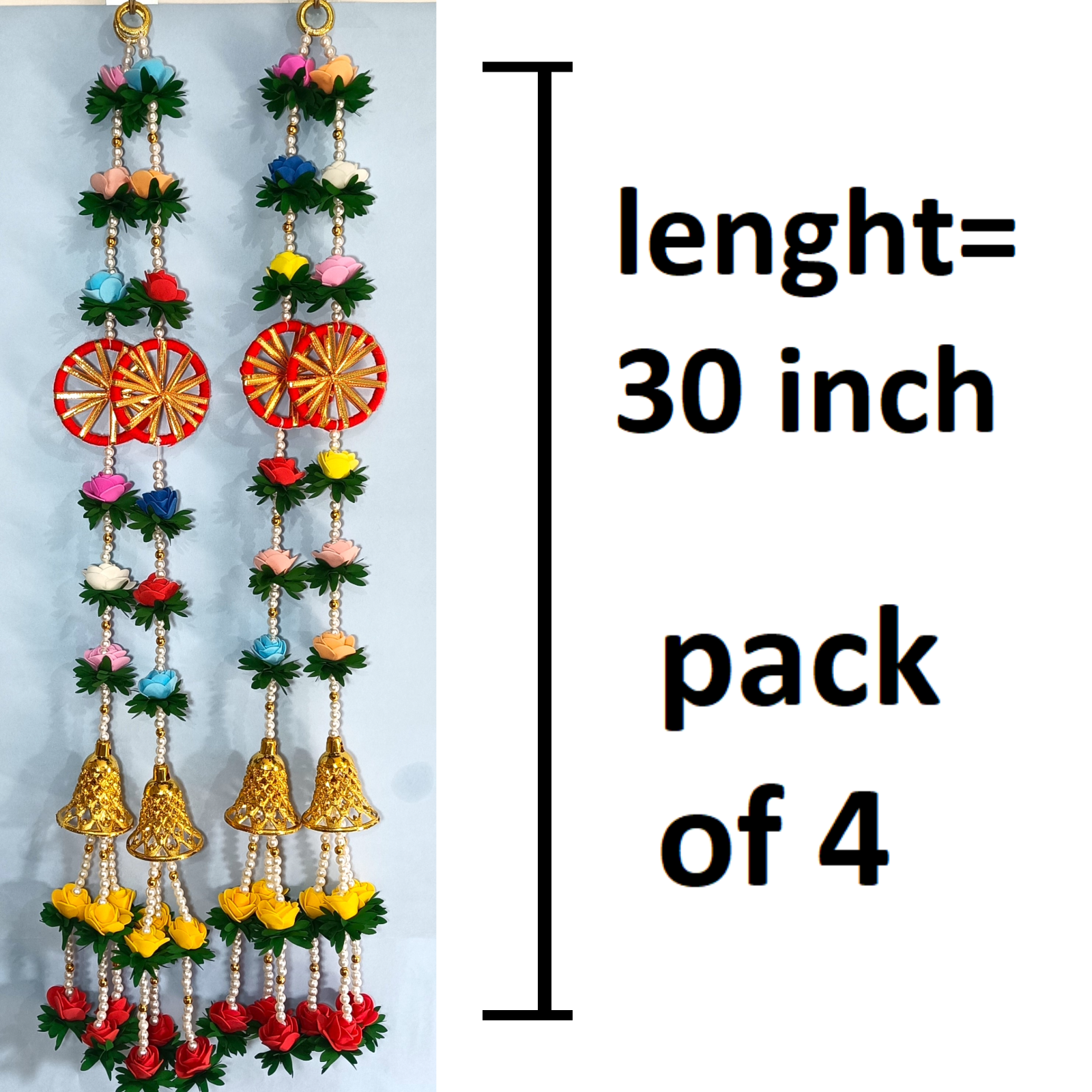 vdeal door hanging Pack of 4 Decorative Artificial Flower Toran with Golden Bells for Door Hanging – 30 Inch Multicolor