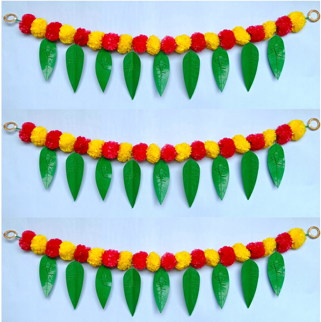 VDEAL toran pack of 3 , Artificial Marigold Flower Door Toran with Mango Leaves & Ganeshh Ji Design – Pack of 3